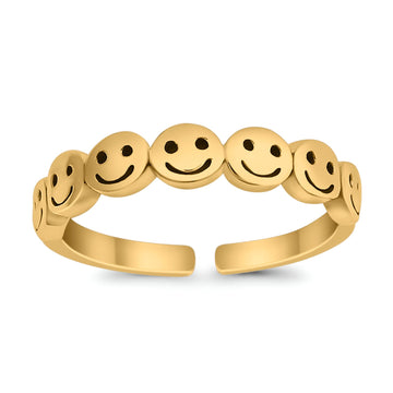 Smiley Face Toe Ring Yellow Tone Adjustable Band 925 Sterling Silver (4mm)